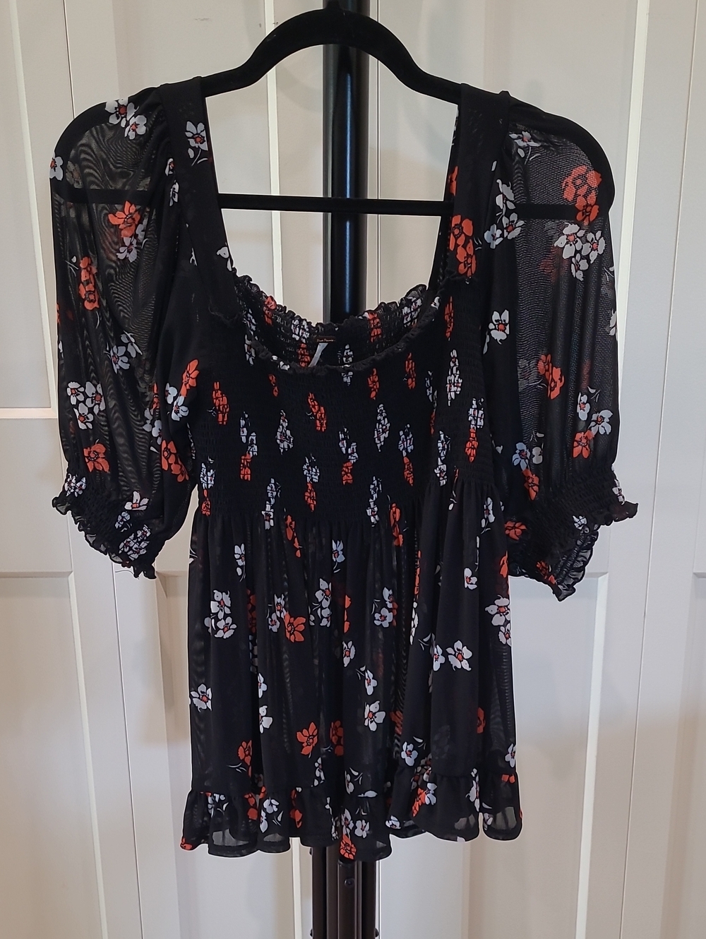 Free People Black Floral Smocked Peasant Top